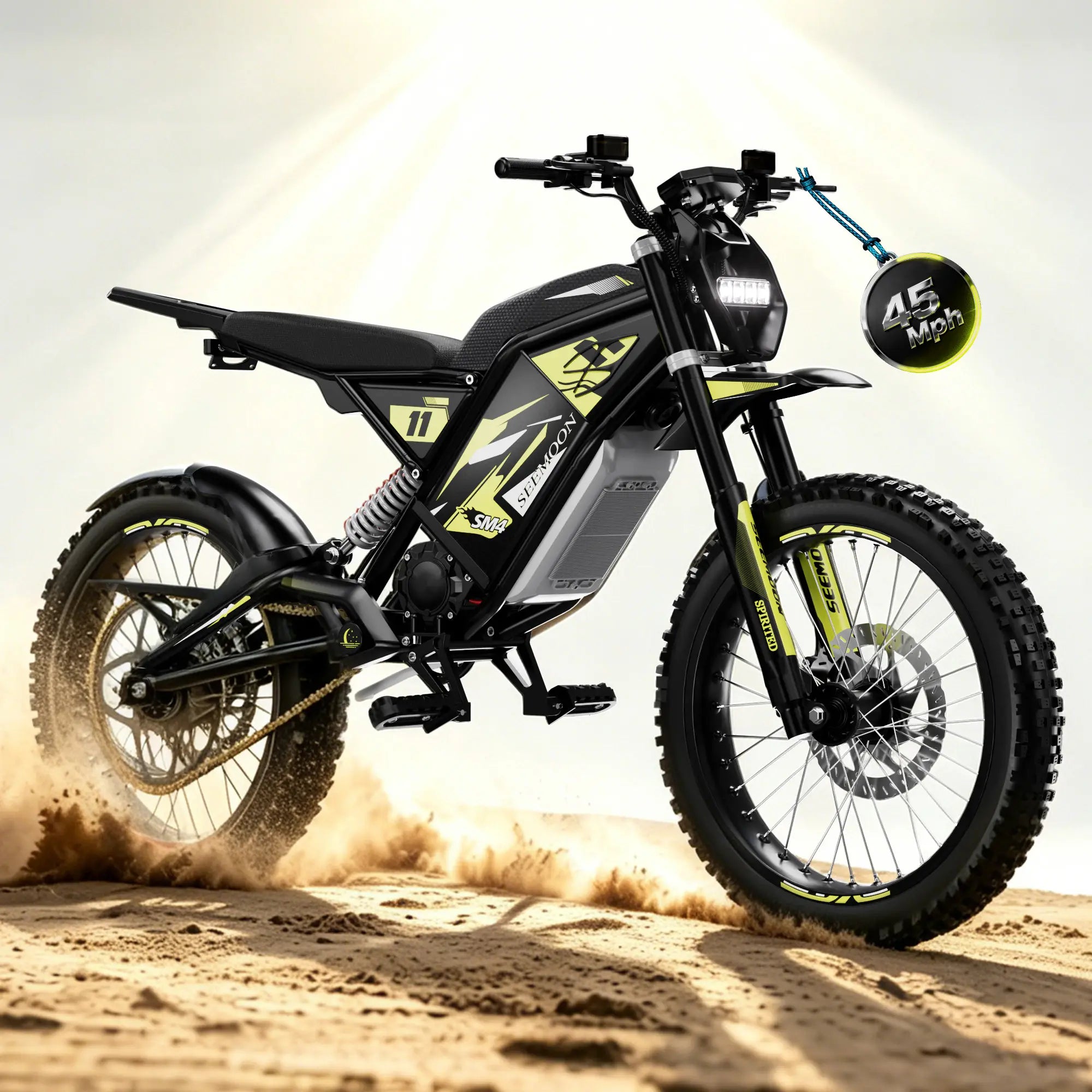 SM4 Pro electric dirt bike in green accents standing on desert trails showing 45MPH top speed badge.