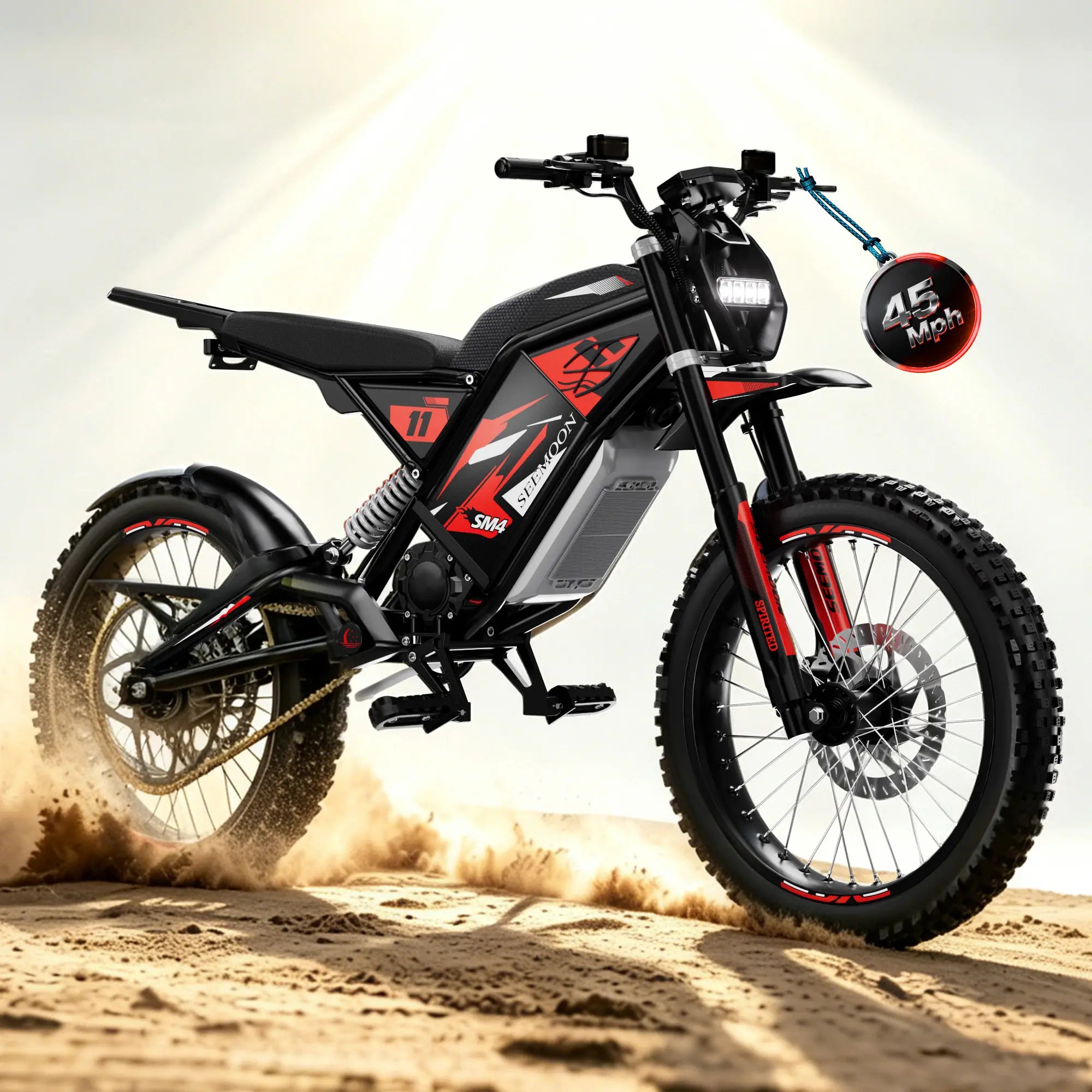 SM4 Pro electric dirt bike in red color option riding on off-road desert terrain with a maximum speed indicator badge.