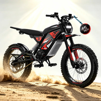 SM4 Pro electric dirt bike in red color option riding on off-road desert terrain with a maximum speed indicator badge.