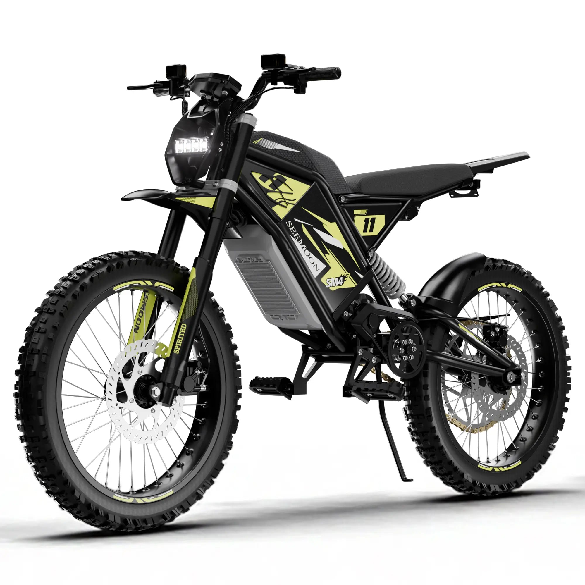 Seemoon SM4 Pro mid-drive electric motorcycle with custom yellow graphics, engineered with 250N·m torque and dual belt-chain transmission for ultimate trail performance.