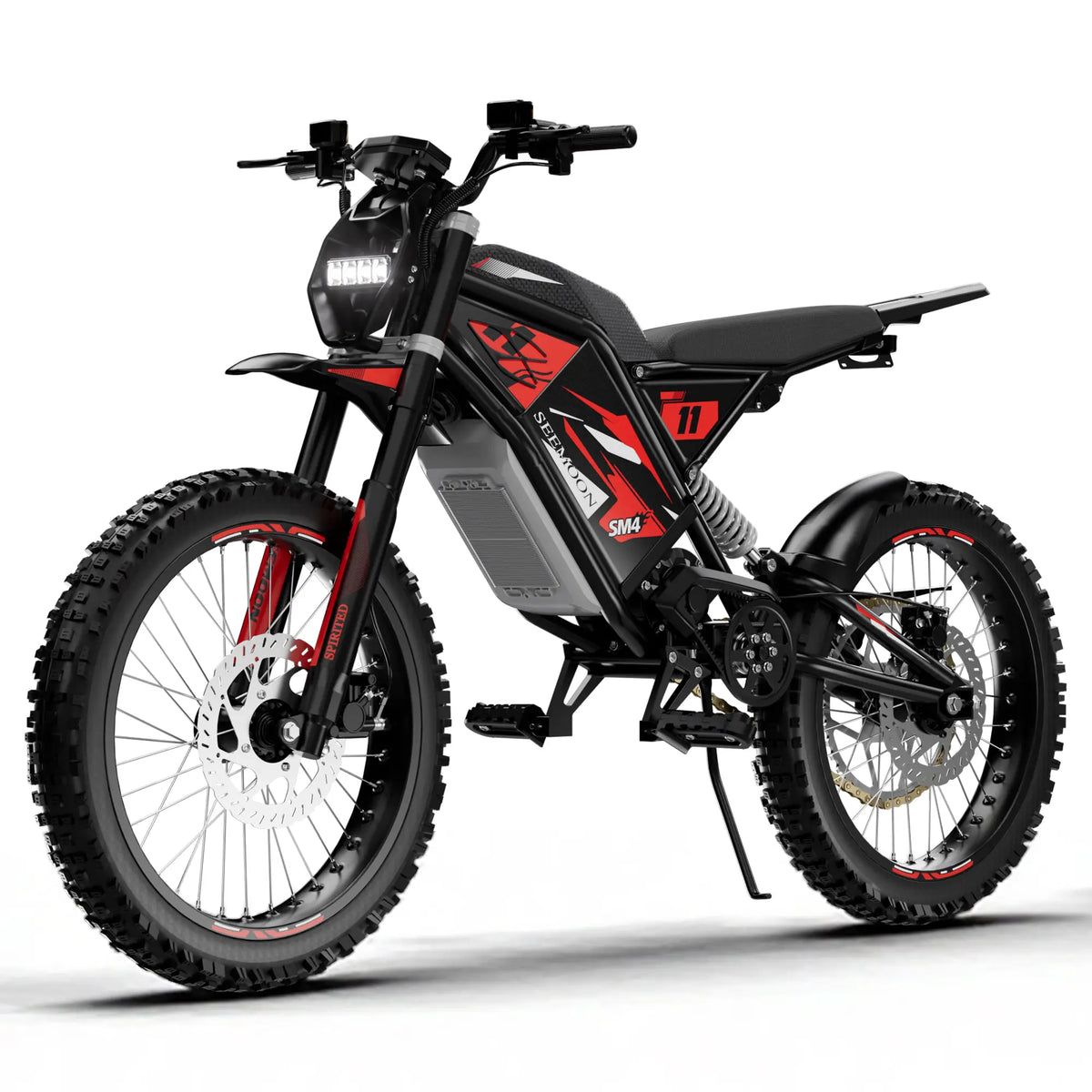 Seemoon SM4 Pro high-performance electric dirt bike in Racing Red, featuring a 4000W mid-drive motor, 48V 17.5Ah battery, and full suspension system for aggressive off-road riding.