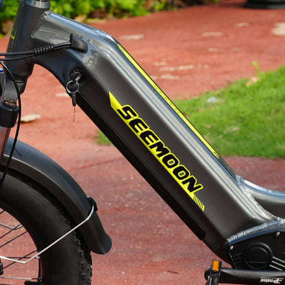 SM5 electric bike frame detail showing the black frame and yellow graphics