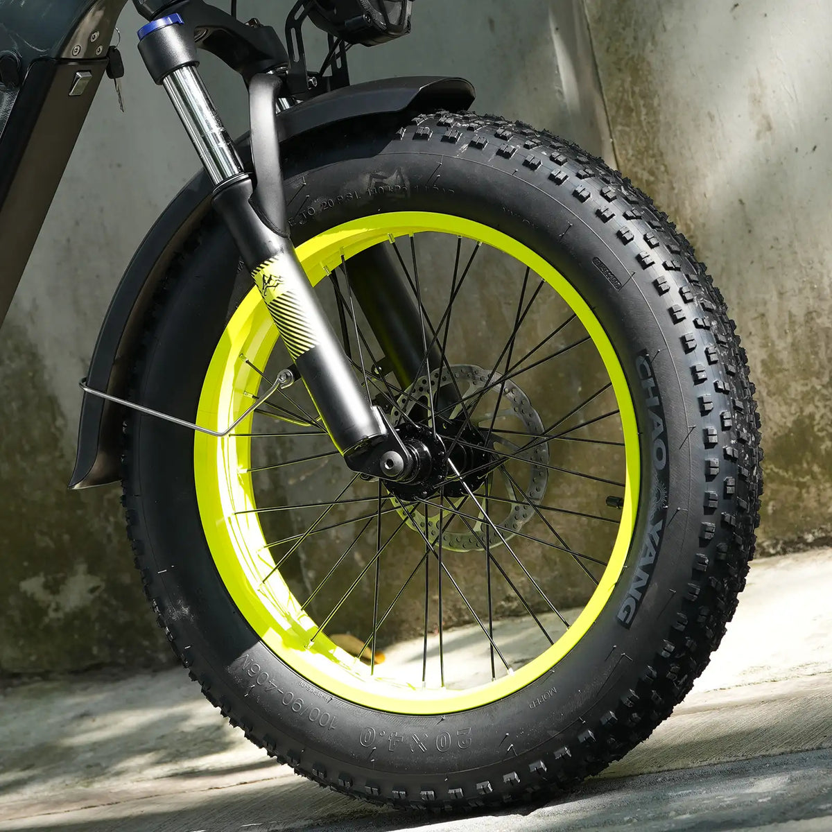 SM5 electric bike front wheel with fat tire and yellow rim accents