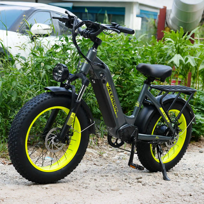 SM5 electric bike three-quarter view with yellow rim accents in an outdoor setting
