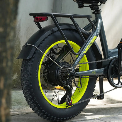 SM5 electric bike rear wheel, fat tire, and drivetrain detail